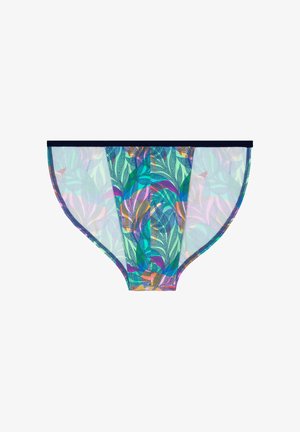 Doorzichtige bikini-stijl onderbroek met meerkleurig abstract bladdessin en donkerblauwe tailleband.