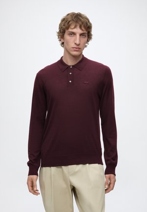 Jonge man met krullend haar die een bordeauxrode polo met lange mouwen en lichtbeige broek draagt voor een effen achtergrond.