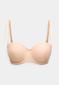 Beige polstret BH med glatt tekstur, bøyle for støtte, justerbare stropper og en liten sløyfedetalj midt foran.