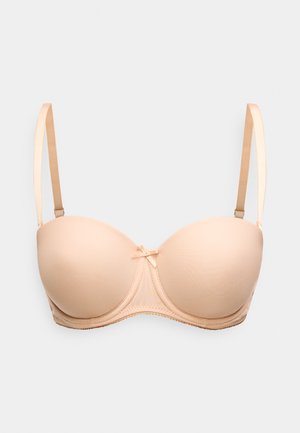 Béžová vystužená podprsenka s hladkou textúrou, kosticovou podporou, nastaviteľnými ramienkami a malou mašličkou v strede vpredu.