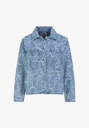 Light blue denim jacket featuring an abstract white floral pattern, with a fold-down collar, button front, and two chest pockets.