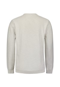 Lichtgrijze sweater met lange mouwen, ronde halslijn en ribbelrand. Gemaakt van zachte, gestructureerde stof en heeft een eenvoudig, strak ontwerp.