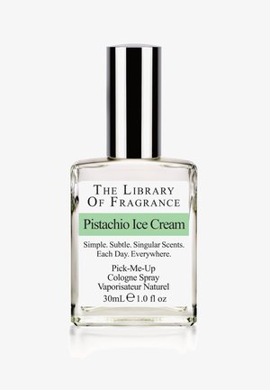 Flacon pulvérisateur en verre clair avec un capuchon argenté. L'étiquette présente un texte noir et vert, indiquant "Crème Glacée à la Pistache" et les détails du produit. Capacité de 30 mL.