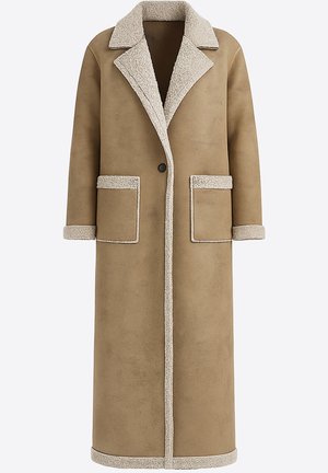 Lange bruine jas met een getextureerde beige kraag en biezen, voorzien van twee voorzakken en een enkele knoopsluiting. Zachte stofafwerking.