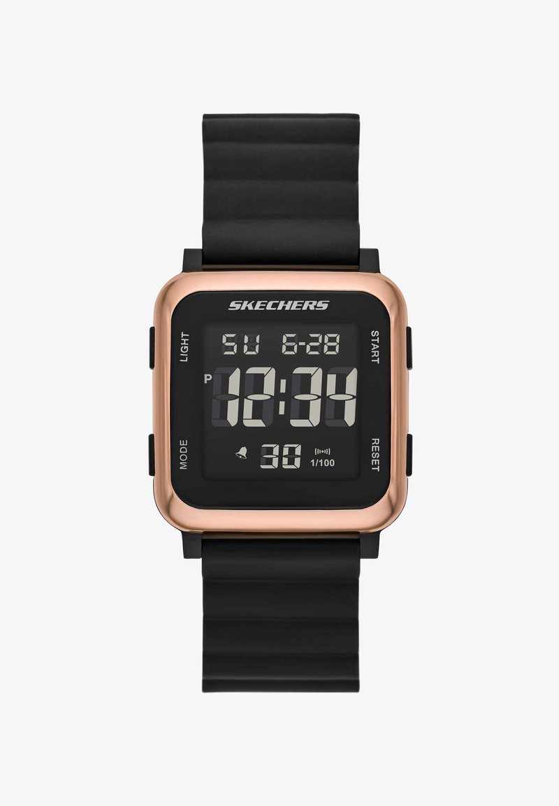 Digitale Skechers-horloge met zwart vierkant wijzerplaat, roségouden rand, zwarte getextureerde band, toont tijd 12:34, datum en diverse functietoetsen.