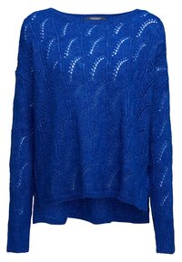 Blauer Strickpullover mit lockerem Design, versehen mit einem strukturierten Wellenmuster und langen Ärmeln. Rundhalsausschnitt, leichter Cropped-Schnitt am Saum.