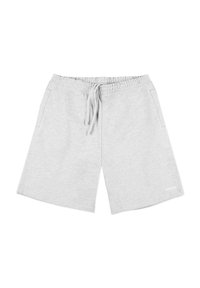 Szare bawełniane szorty z elastycznym paskiem, sznurkiem do regulacji, dwoma bocznymi kieszeniami oraz małym białym logo na dolnym końcu.