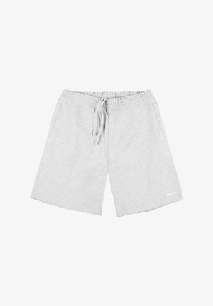 Szare bawełniane szorty z elastycznym paskiem, sznurkiem do regulacji, dwoma bocznymi kieszeniami oraz małym białym logo na dolnym końcu.