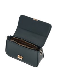 Petrolinsininen nahkainen käsilaukku, jossa on kullanvärinen solki, vetoketjullinen sisätasku ja kaksi sisätaskua, jämäkkä suorakulmainen muotoilu.