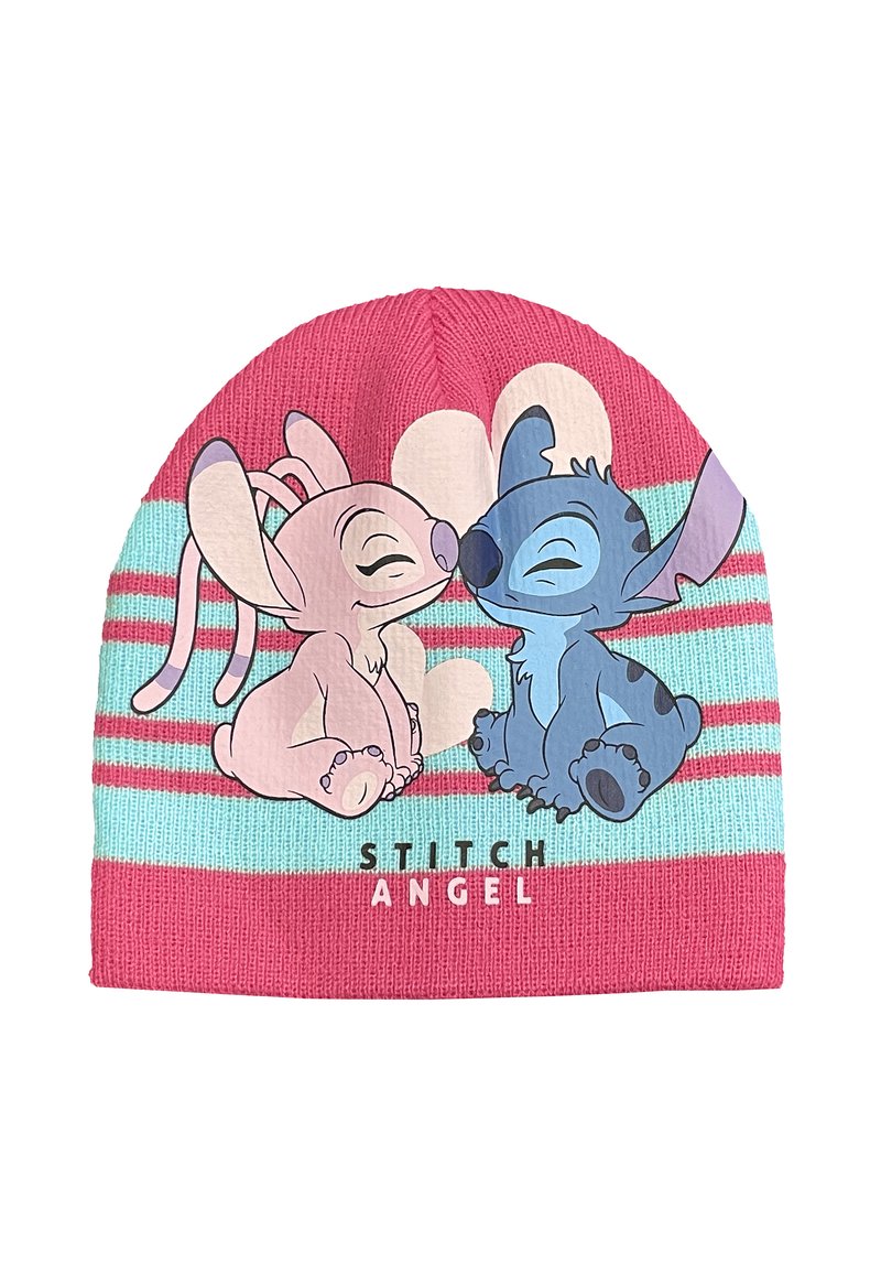 Gorro de punto rosa con personajes de dibujos animados y un patrón a rayas. Los acentos incluyen rayas azul claro y el texto "STITCH ANGEL."