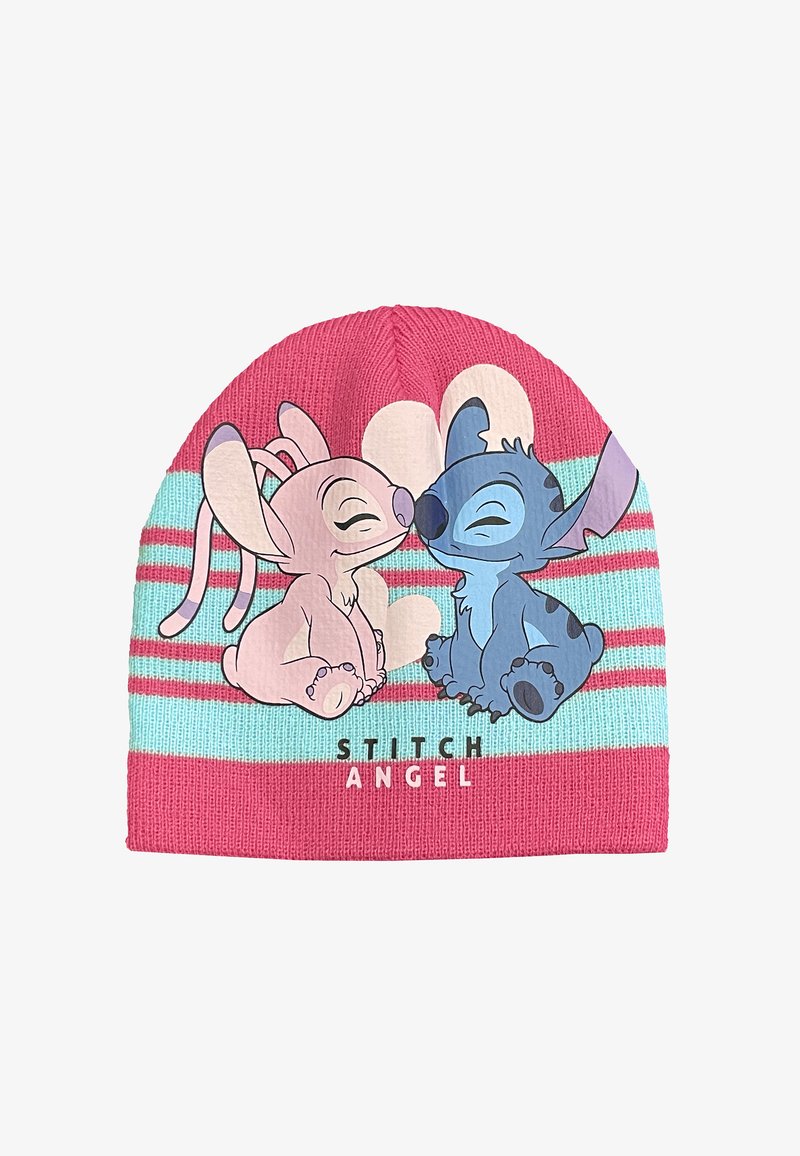 Gorro de punto rosa con personajes de dibujos animados y un patrón a rayas. Los acentos incluyen rayas azul claro y el texto "STITCH ANGEL."