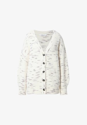 Cardigan lavorato a maglia in crema con un sottile motivo a macchie. Presenta un profondo scollo a V, maniche lunghe e sei bottoni scuri sul davanti.