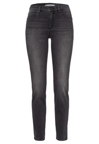 Jeans negros ajustados en denim suave, con una cintura de altura media, diseño de cinco bolsillos y un ligero desgastado para un look casual actualizado.