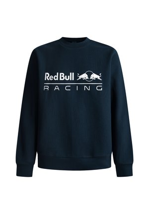 Sötétkék crewneck pulóver, pamut keverékből készült. Nagy fehér "Red Bull Racing" logóval rendelkezik, grafikus bika mintával.