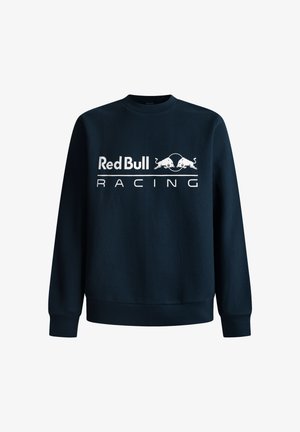 Sudadera de cuello redondo en azul marino, hecha de una mezcla de algodón. Presenta un gran logo en blanco de "Red Bull Racing" con un diseño gráfico de un toro.