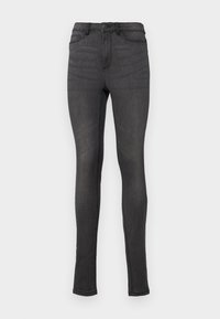 Tette jeans laget av mørkegrå denim, med høy midje, beltehemper og en enkel knappelukking. Ingen synlig slitasje eller mønstre.