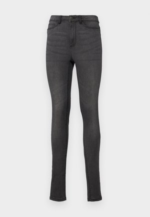 Lieknos džinsai, pagaminti iš tamsiai pilkos džinsinės medžiagos, su aukštu juosmeniu, diržo kilpos ir vienu mygtuko uždarymu. Nėra matomų pažeidimų ar raštų.