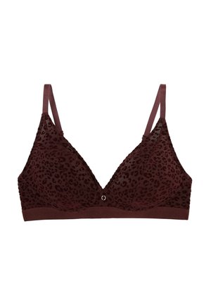 Soutien-gorge bordeaux à imprimé léopard, bonnets en triangle, bretelles réglables et petit anneau argenté au centre avant.
