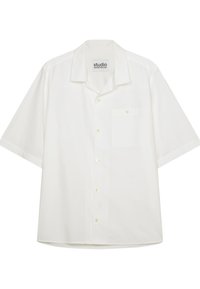 Korte mouwen witte button-up shirt, gemaakt van een gladde stof, met een borstzak en een klassieke kraag met een rechte zoom.