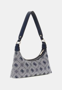 Navy fabric handbag with a curved shape, featuring a patterned design. It has a matching navy shoulder strap and a zip closure.