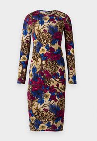 Langarm jurk met een opvallend bloemen- en luipaardprint ontwerp. Gemaakt van rekbare stof, met kleuren zoals goud, paars, blauw en rood.