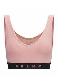 Roze katoenen sportbeha met een ronde halslijn, zwarte elastische band met "FALKE" logo, en brede banden voor ondersteuning.