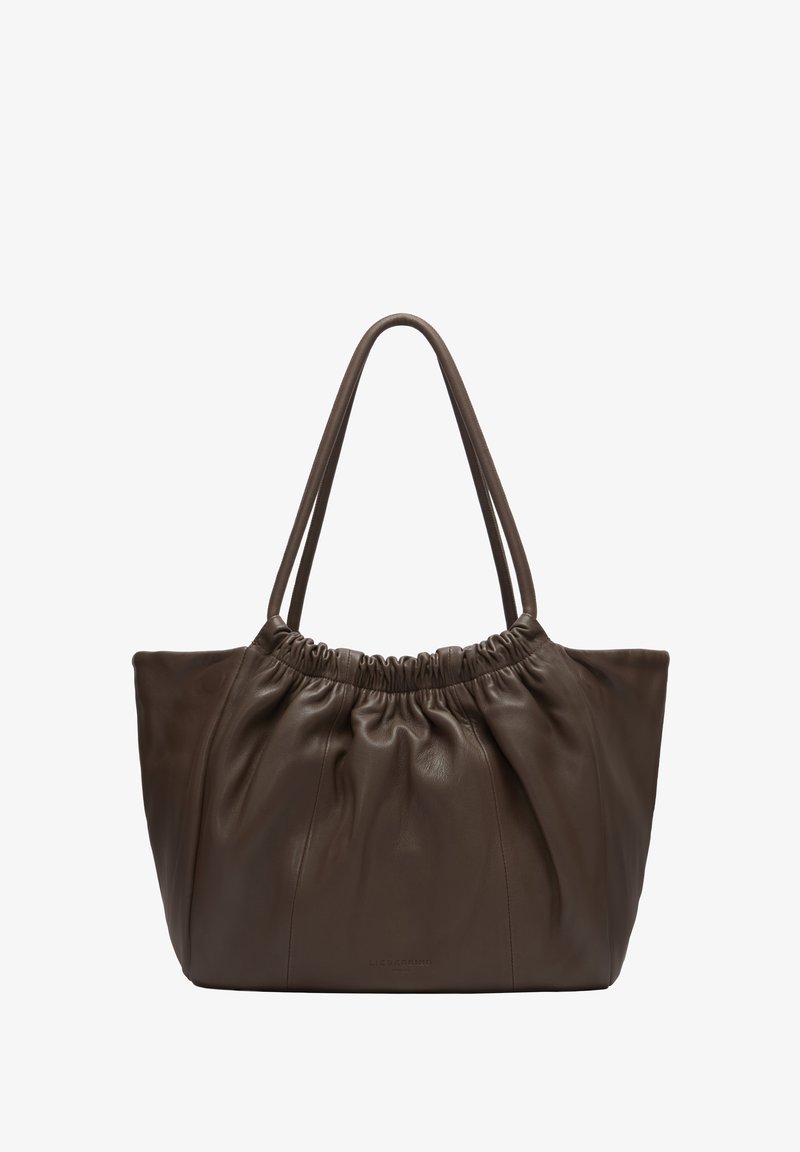 Dunkelbraune Schultertasche aus weichem Leder mit gerafftem oberen Teil und zwei dünnen Trägern, rechteckigem Boden und glatter Oberfläche.