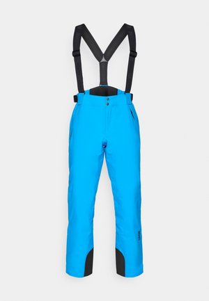 Pantaloni de schi albaștri cu bretele negre ajustabile, două buzunare laterale și accente negre la glezne. Realizați dintr-un material neted, impermeabil.