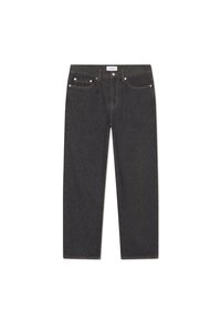 Jeans de mezclilla oscura con un diseño de pierna recta, estilo de cinco bolsillos, herrajes metálicos y una textura sutil; marca mínima en la cinturilla.
