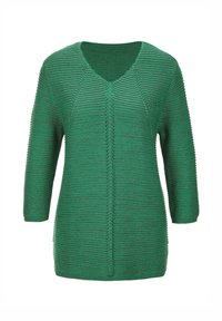 Groene gebreide trui met een V-hals, driekwart mouwen en textuur in horizontale strepen. Heeft een licht oversized pasvorm en ribgebreide randen.