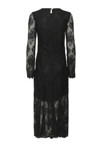 Juodas nėriniuotas suknelė su ilgomis permatomomis rankovėmis, gėlėmis, prigludusia kūno dalimi ir grindis siekiančiu dizainu su užtrauktuku nugaroje.