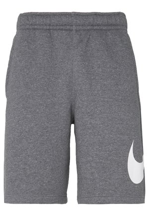 Pantaloncini in tessuto grigio realizzati in materiale morbido. Presentano una cintura elastica e un logo bianco prominente sul lato inferiore sinistro.