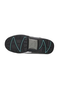 Zwarte schoenzool met een getextureerde rubberen bovenlaag, voorzien van een grijze tussenstuk en turquoise accenten in een zigzagpatroon voor grip en stabiliteit.