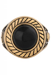 Anello in tonalità oro con una grande pietra ovale nera al centro, circondata da un design a banda intrecciata e texturizzata.