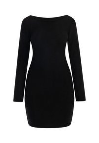 Schwarzes langärmliges Kleid mit enger Silhouette und weitem, weiten Ausschnitt. Hergestellt aus glattem Material mit leichtem Glanz, ohne sichtbare Muster oder Akzente.