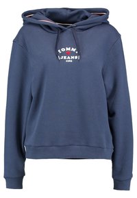 Navy blue hoodie made of soft fabric, featuring a front logo, drawstring hood, and ribbed cuffs and hem for a fitted appearance.