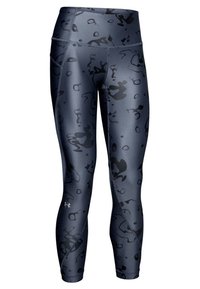 Leggings a vita alta, aderenti, di colore blu scuro con finitura opaca. Presentano un discreto motivo astratto nero e un logo vicino alla caviglia.