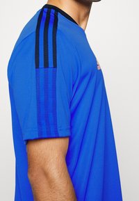 Modrá sportovní košile s černými pruhovanými detaily na ramenech. Vyrobena z lehkého materiálu, má kulatý výstřih a krátké rukávy.