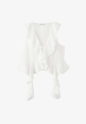 Biała bluzka bez rękawów z głębokim dekoltem w serek, marszczonymi brzegami i wiązaniem z przodu.