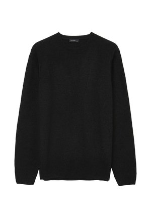 Pull en tricot noir avec un col rond, tissu texturé, manches longues et poignets et ourlet côtelés. Pas de motifs ou d'accents visibles.