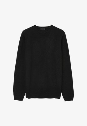 Schwarzer Strickpullover mit Rundhalsausschnitt, strukturiertem Stoff, langen Ärmeln und gerippten Bündchen sowie Saum. Keine sichtbaren Muster oder Akzente.