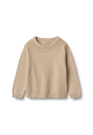 Pull beige en maille à manches longues avec panneau avant texturé et encolure, poignets et ourlet côtelés.