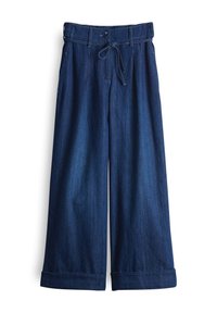 Pantalon en denim bleu foncé à jambes larges, ourlets retroussés, taille avec bouton, passants pour ceinture et lien coulissant à l'avant.