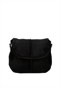 Small black leather crossbody bag with a curved flap and visible zipper detail on the front against a white background.