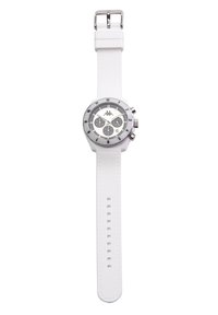 Vit kronografklocka med ett strukturerat vitt silikonarmband, silverfärgade detaljer och en rund urtavla som har tre sub-diskar och numeriska markeringar.