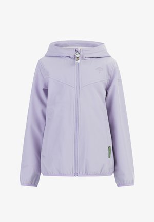 Hellviolette Kapuzenjacke mit Frontreißverschluss, Seitentaschen, elastischen Bündchen und kleinem Regenschirm-Logo auf der Brust.