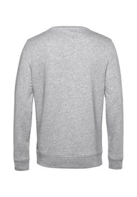 Grauer Pullover mit langen Ärmeln, Rundhalsausschnitt und gerippten Bündchen und Saum. Hergestellt aus einem weichen, strukturierten Stoff. Rückansicht dargestellt.
