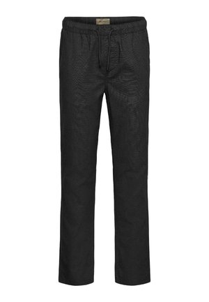 Schwarze gewebte Hose mit einem elastischen Bund und Kordelzug. Der gerade Schnitt zeichnet sich durch einen strukturierten Stoff und keine sichtbaren Taschen aus.