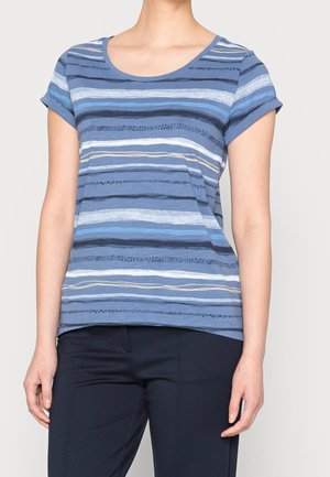 Blue striped t-shirt featuring rolled short sleeves, a round neckline, and varying shades of blue with white and yellow accents.