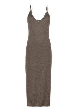 Long, sleeveless dress in olive green, featuring a V-neckline, thin straps, and a straight silhouette made of textured fabric.
